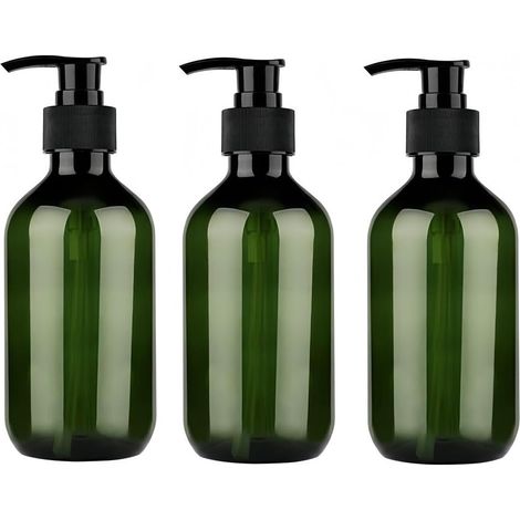 Set of 3 x 300ml soap dispensers with pump – Refillable plastic containers for bathroom and kitchen – Wide opening design for shampoo, lotion, dish soap, green and (1/5)