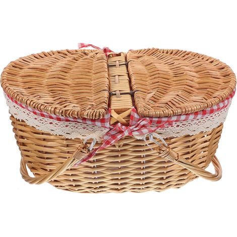 Panier de Pique-niques Rustique en Osier Tressé Rouge à Carreaux, avec Couvercle et Poignées, Dimensions 35x25x17 Cm, Panier de Rangement Portable pour Jardin, Camping et Plein (1/5)