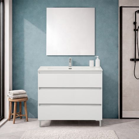 Mobile bagno a terra 100 cm in bianco lucido con lavabo e specchio Leda (1/5)