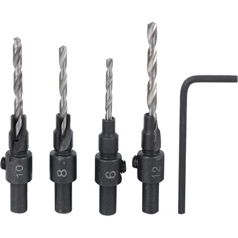 Accessoire de menuiserie : Jeu de 4 mèches coniques à fraiser avec clé pour tige de soupape (1/5)