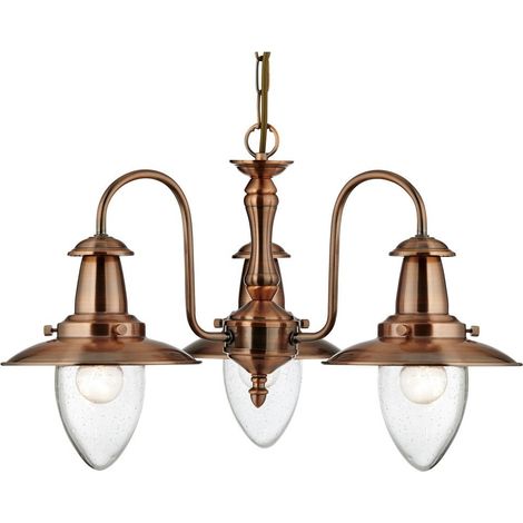 Pêcheur, plafonnier 3 flammes, cuivre Avec abat-jour en verre peint, clair dimmable (1/3)