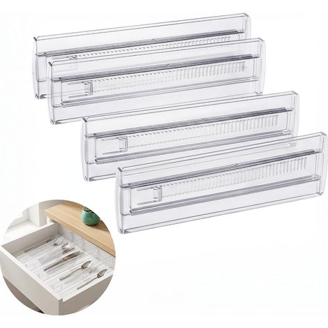 Lot de 4 séparateurs de tiroirs réglables transparents, en plastique ABS + PET, avec coussinets antidérapants en EVA, séparateurs de tiroir pour l'ordre dans la cuisine, la chambre à coucher et la (1/5)