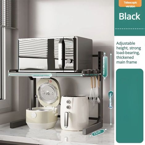 (Noir, 2 niveaux) Étagère de rangement de table rétractable à plusieurs niveaux pour four à micro-ondes, avec compartiment de rangement épais pour la cuisine et la maison. (1/5)