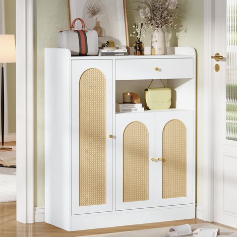 REDOM - Zapatero - 90x35x110 cm - 3 puertas y 1 cajón - estantes ajustables - MDF y tablero de partículas - blanco y natural (1/4)