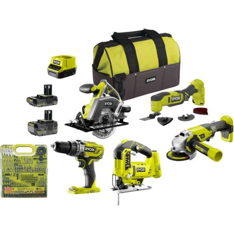 Pack RYOBI 5 outils - 2 batteries 2.0Ah et 4.0Ah - 1 chargeur - 90 accessoires perceuse