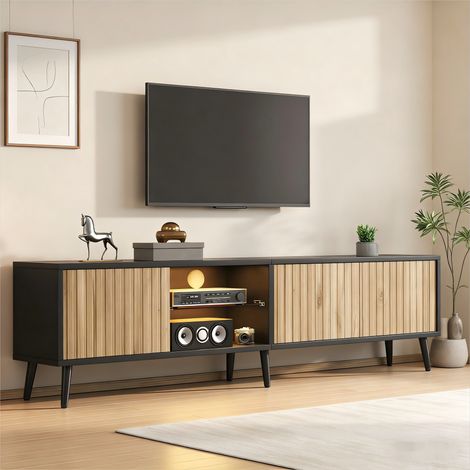 Meuble TV 175x31x43 cm  avec éclairage LED conception à trois portes jusquà 75 pouces pour salon  bois naturel et noir