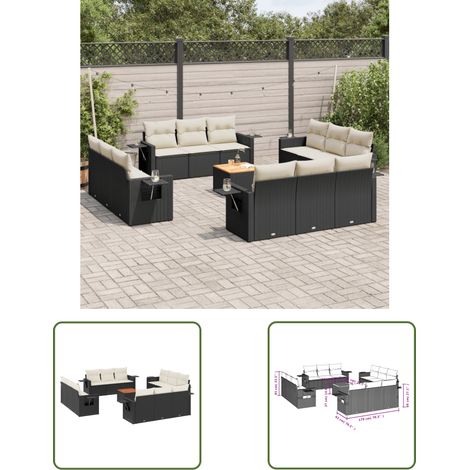 The Living Store Salon de jardin avec coussins 13 pcs noir résine tressée - Ensemble Salon De Jardin - Meuble Extérieur - Résine Tressée - Rotin Synthétique - Fauteuil Jardin