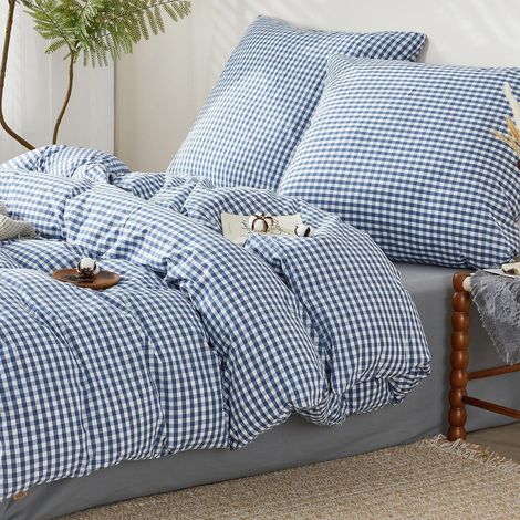 Bettwäsche 200x200 cm Baumwolle Kariert 3-teilig Oeko-Tex Zertifiziert Marineblau