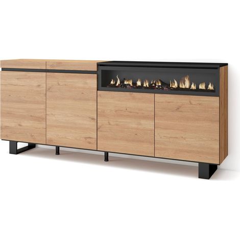 Skraut Home Credenza, Mobile, Cucina Madia, mobile ingresso 200x87x35cm 4 Porte Camino elettrico Design industriale Stile moderno Rovere e nero (1/5)
