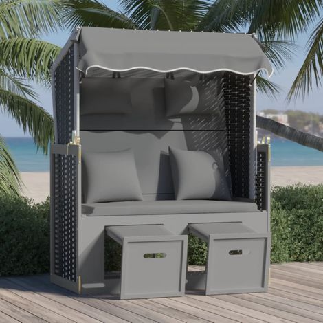 Strandkorb mit Kissen Poly Rattan Massivholz Anthrazit Schwarz