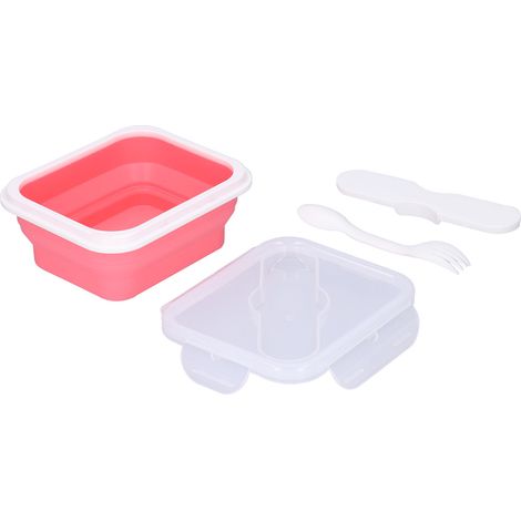 Boîte à lunch isotherme en silicone rose, 600 ml, avec fourchette et cuillère intégrées, idéale pour le bureau et l'école. (1/5)