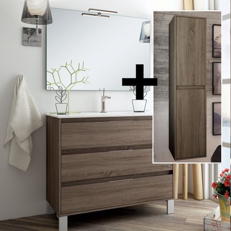 Ensemble meuble de salle de bain 100cm simple vasque + colonne de rangement - Britannia (chêne foncé) - TIRIS (1/5)