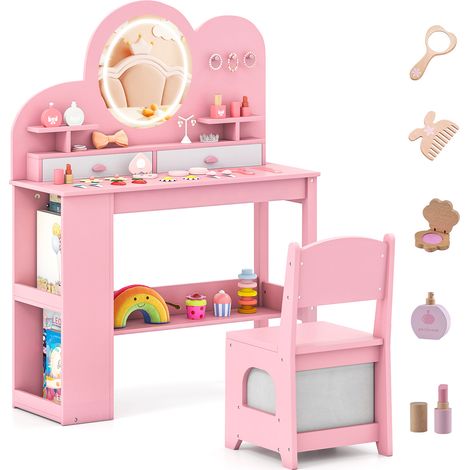 COSTWAY Kids Princess Vanity Table & Chair Set with 2 Drawers-Pink (1/5)