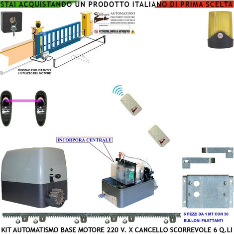 KIT AUTOMAZIONE CANCELLO SCORREVOLE 6 Q.LI MOTORE 220 V 6 METRI CREMAGLIERE 2 TELECOMANDI FARO SELETTORE FOTOCELLULE (1/5)