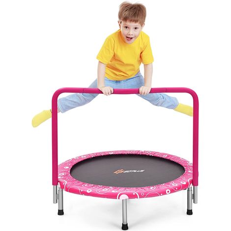 GOPLUS Trampoline pour Enfant Pliable Ø 92 cm Charge 150KG Interieur et Exterieur pour Garcons et Filles, Rose (1/5)