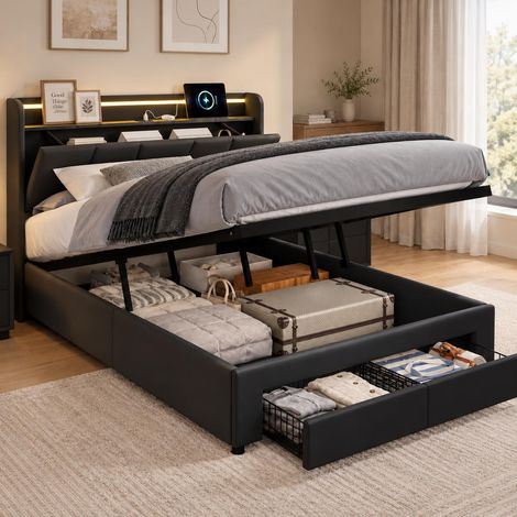 Letto contenitore matrimoniale 140x200 cm idraulico con 2 cassetti, LED RGB, testiera portaoggetti e presa USB Tipo C, tessuto in lino, Grigio scuro (1/5)