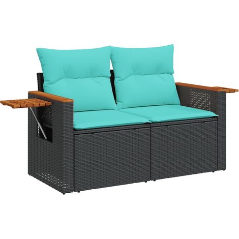 Canapé de jardin Divan de jardin avec coussins 2 places en résine tressée noire (1/5)