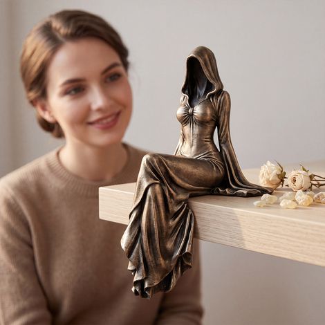 Women's Hooded Figure Sculpture, Resin Sculpture, 3D, with Wrinkled Clothing, Gold Vintage Desktop Ornament - 1pc (1/5)