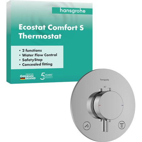 Mitigeur de douche thermostatique, Robinet de douche encastré avec arrêt de sécurité à 40°C, Thermostat 2 sorties, Chromé, 33715000 (1/5)