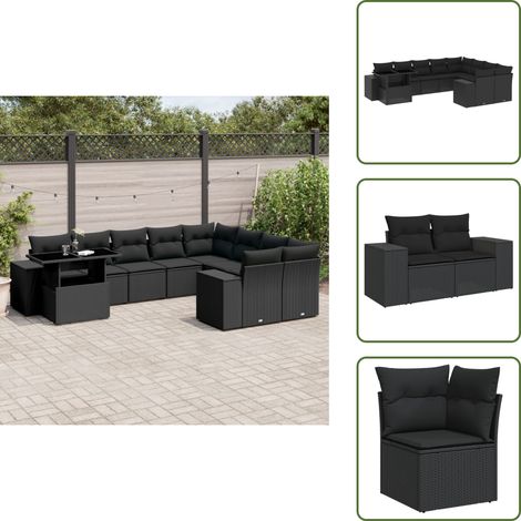 The Living Store Salon de jardin 10 pcs avec coussins noir résine tressée - Ensemble Salon De Jardin - Meuble Extérieur - Salon De Jardin Pliable - Table Extensible - Chaise Lounge (1/5)