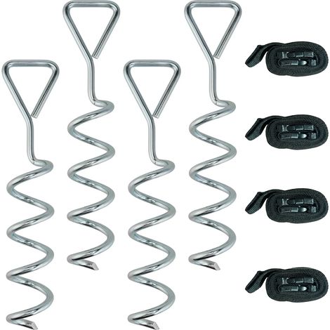Piquet d'ancrage au sol - SPORTNOW - lot de 4 ancrages spirales, 4 sangles ajustables - acier galvanisé - 32x8cm - argent (1/5)