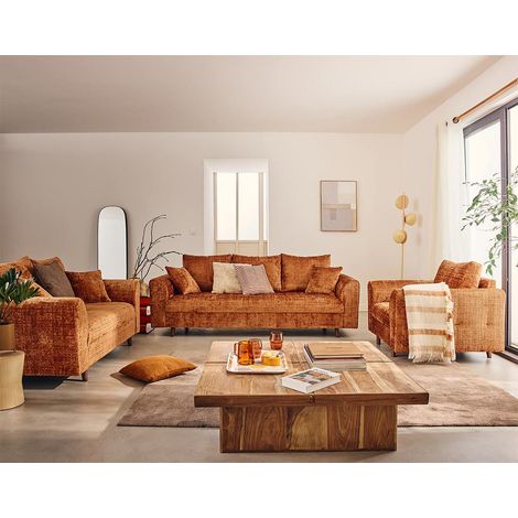 Lisa Design – Canapé droit 2 places en velours texturé – Couleur rouille – Pieds en bois foncé – Dimensions 150x93cm pour petits espaces
