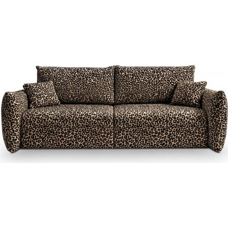 ELIO - Canapé droit convertible tissu imprimé animalier 3 places - Café