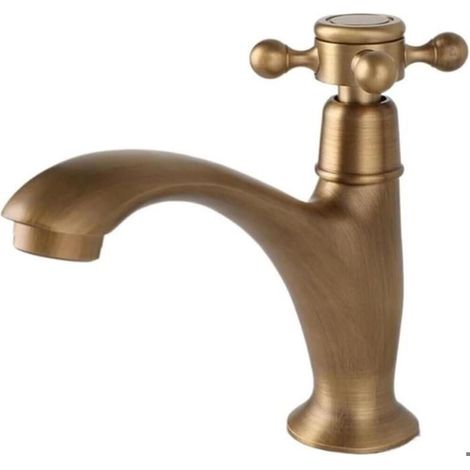 Robinet Lavabo Vintage Laiton Antique Poignées Croisillon, Rotation Contrôle, Eau Froide Seule, Montage sur Vasque, Style Rétro (1/4)
