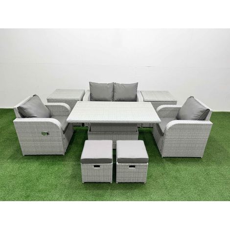 Fimous Light Grey PE Wicker Rattan Garden Furniture Set Sofa Set Reclining Chair Adjustable Lifting Dining or Coffee Table 6 Seater 2 Small Stools 2 Side Table (1/5)