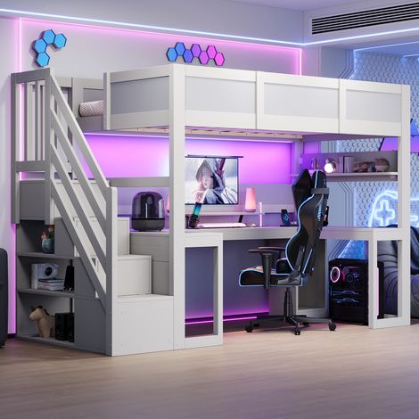 Lit mezzanine gaming 1 place 90 x 200 cm en bois blanc, bureau, escalier avec 4 rangements, LED 7 couleurs, port USB, sommier à lattes et garde-corps (1/5)