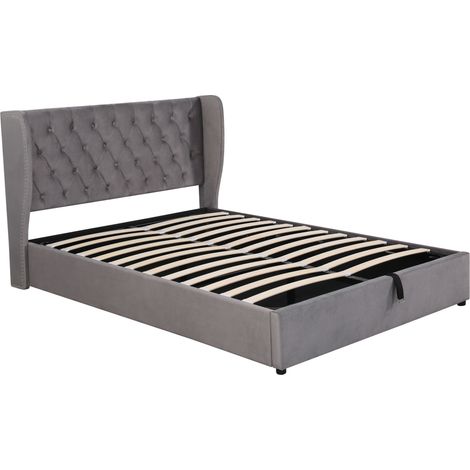 Cama baúl capitoné de terciopelo gris 140 x 200 cm con somier de láminas y elevación hidráulica (1/5)