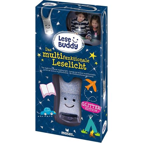 Moses Lese Buddy - Lampada da lettura per bambini Lampada da lettura multifunzione in argento con glitter Torcia da appendere (1/2)