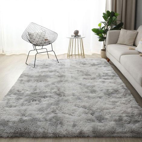 Tapis de chambre ultra doux et moelleux, antidérapant, motif tie-dye gris clair (1/5)