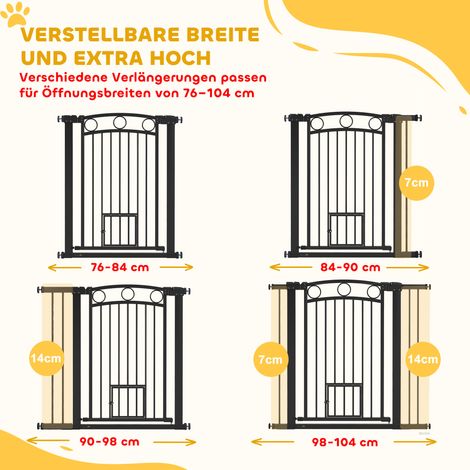 Barrière de sécurité animaux 96 cm, largeur ajustable 76-104 cm, avec passage pour chat, pour escaliers et portes, noir