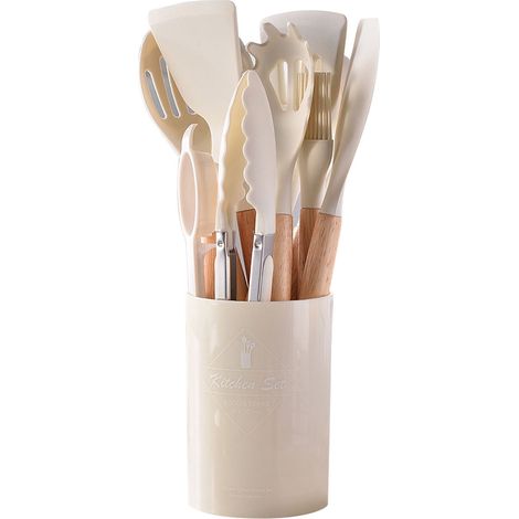 Ustensile De Cuisine - Manche En Bois - Ensemble 12 Pièces - Forme Cylindrique - Pour Casseroles Antiadhésives - Usage Cuisine Domestique