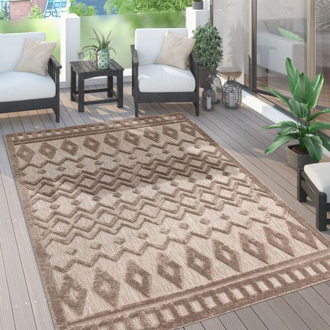 Paco Home Outdoor Teppich wetterfest Boho & Skandi 3D-Optik für Terrasse, Balkon & Garten Beige, 120 cm Rund