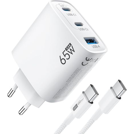 Chargeur USB C 65W 3-Ports GaN III Charge Rapide PD3.0 PPS, avec Câble 1.8M  Compatible avec Pro/Air/Neo, 17/16/15, Pro, Galaxy S25/S24/S23 Ultra, Pixel 10/9 (1/5)