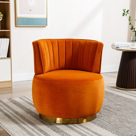 Fauteuil pivotant 360° en velours orange avec dossier confortable et structure stable pour séjour, chambre ou bureau (1/5)