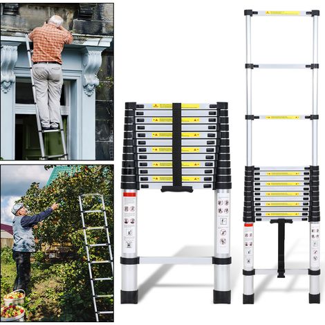 TolleTour Escalera telescópica Pro 3,8 m, aluminio, 150 kg, patas antideslizantes
