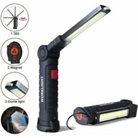 Lampe de travail LED rechargeable avec 800 lumens, base magnétique, 5 modes pour garage, camping, urgences, lampe torche baladeuse LED.