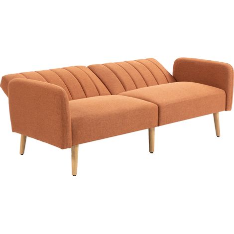 Canapé convertible 2 places design scandinave dossier inclinable 3 positions tissu aspect lin marron pieds bois