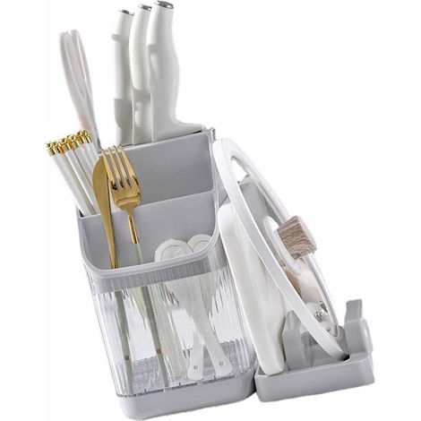 Couteau bloc et porte ustensiles avec bac égouttoir compartimenté rangement transparent organisateur cuisine gris PP 23,5x15x24cm (1/5)