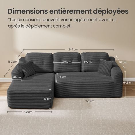 Canapé d'angle modulable avec grande méridienne 150 x 244 x 73 cm confort optimal style contemporain en velours gris ardoise