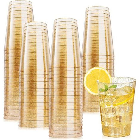 Lot de 50 Gobelets, Bordure dorée, Plastique rigide, 280 ml, Réutilisables, Fête, Mariage. (1/5)