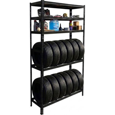 Relaxdays Étagère 12 pneus, 210x120x40 cm, acier, 750 kg, emboîtable, noir
