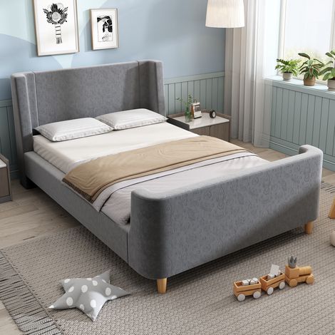 Cama infantil con somier de terciopelo 90x200 gris OKMYHOME (1/5)