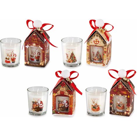Candele profumate di Natale in bicchiere di vetro in confezione regalo a forma di casetta con fiocco, set da 8 pezzi, Candela: Ø 5,5 cm x 6,5 H