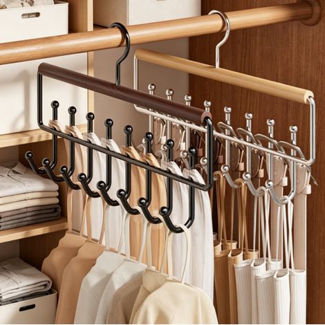 porte cintres escamotable télescopique avec 8 crochets couleur bois naturel et 8 crochets couleur vintage pour soutiens gorge débardeurs rangement d armoire (1/3)
