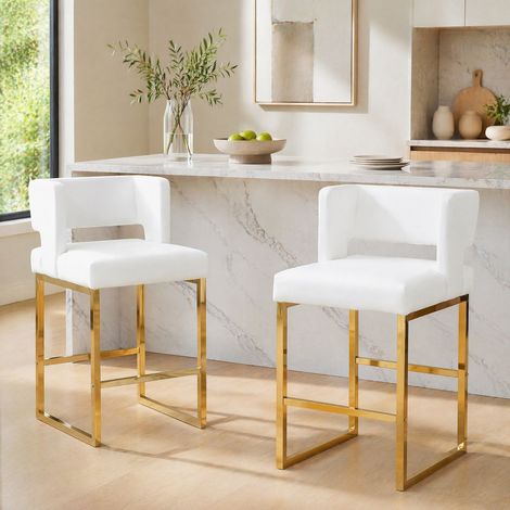 DESMIU Tabouret de bar avec siège rembourré et pieds en métal doré, en PU et métal, Blanc et Or (1/5)
