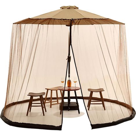 Moustiquaire pour parasol de terrasse, moustiquaire pour parasol avec porte à fermeture éclair et corde réglable -brun (1/5)